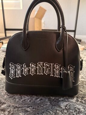 Balenciaga Black Leather Logo Dome Satchel with White Gothic Script